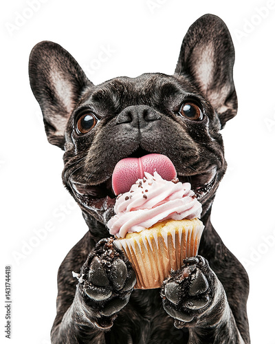 ฺBirthday Dog A joyful dog happily holding a delicious cupcake, radiating excitement and delight.