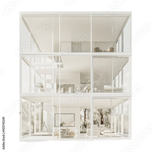 Modern Three Story Glass House Architecture With Transparent Background White Interior And Exterior Lighting