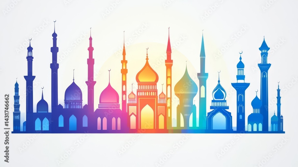 Fototapeta premium Colorful skyline illustration featuring diverse architectural styles and landmarks from various cultures.