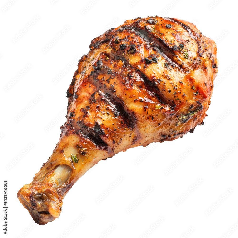 Grilled Chicken Drumstick: a close-up shot of a savory, perfectly grilled chicken drumstick, its crispy, golden skin glistening with flavorful spices and herbs. Inviting culinary delight. Grilled Chicken Drumstick: a close-up shot of a savory, perfectly grilled chicken drumstick, its crispy, golden skin glistening with flavorful spices and herbs. Inviting culinary delight.