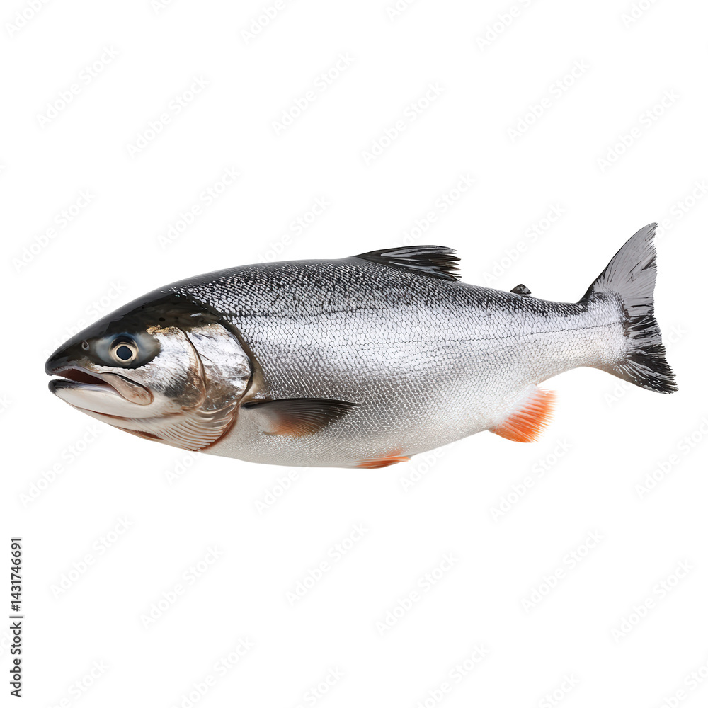 Obraz premium Freshwater Trout: A detailed image captures a vibrant trout. Presenting a study of aquatic beauty, the fish exhibits details of its fins, scales and body structure.
