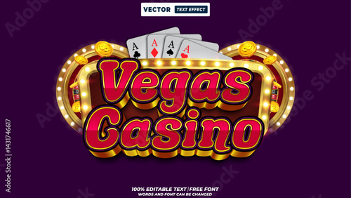 Vegas casino 3d editable vector text effect. Shiny 3d retro style alphabet with lights, jackpot, poker, slots and glamorous signage casino template design. 