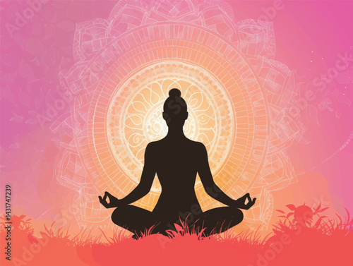 Yoga class template layout. Illustration of a silhouette of a woman in a yoga lotus position. Relaxation, chakras, spiritual meditation art. Yoga art concept design for banner, cover, print, flyer.