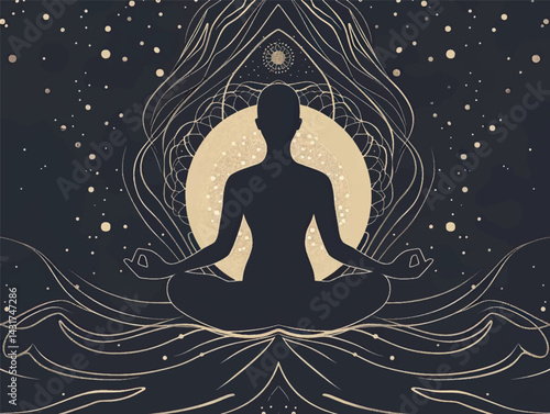 Yoga class template layout. Illustration of a silhouette of a woman in a yoga lotus position. Relaxation, chakras, spiritual meditation art. Yoga art concept design for banner, cover, print, flyer.