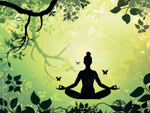 Yoga class template layout. Illustration of a silhouette of a woman in a yoga lotus position. Relaxation, chakras, spiritual meditation art. Yoga art concept design for banner, cover, print, flyer.