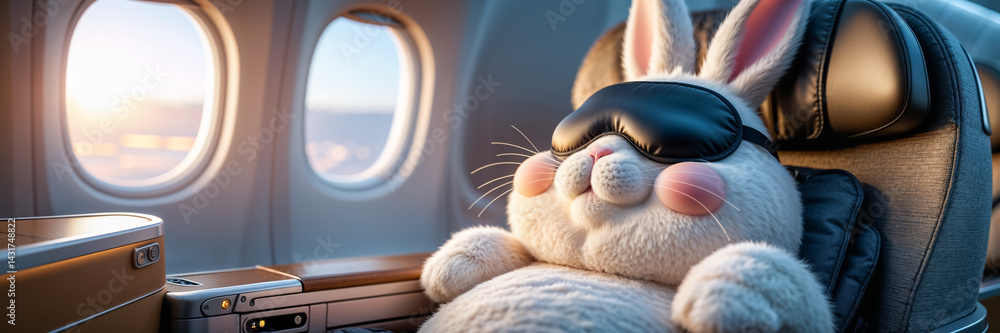 cute cartoon rabbit sleeps with sleep mask on plane