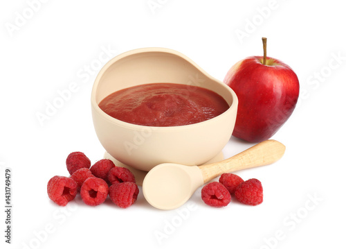 Wallpaper Mural Baby food. Tasty puree in bowl, spoon, apple and raspberries isolated on white Torontodigital.ca