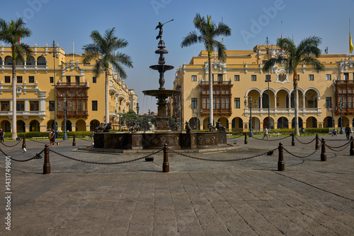 Lima’s Main Square (Plaza Mayor), the historic center of Peru’s capital, surrounded by well-preserved colonial architecture.