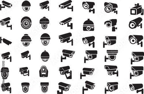 CCTV black silhouette vector icon collection set on white background
