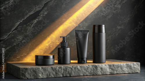 Matte black cosmetic containers on a stone platform, dark charcoal textured background with diagonal golden light beam.