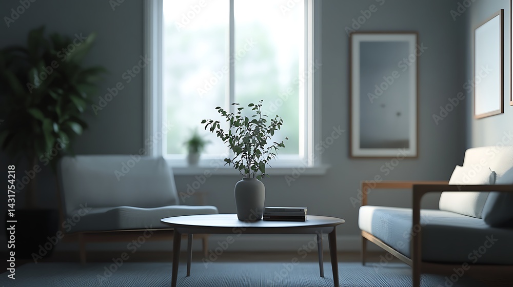 Fototapeta premium Muted tones create a tranquil living room ambiance.