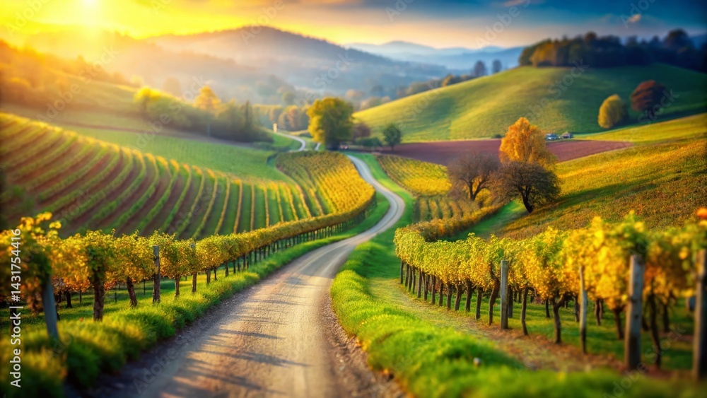 Fototapeta premium Miniature Vineyard Landscape: Sunlit Path Through Rolling Hills & Grapevines