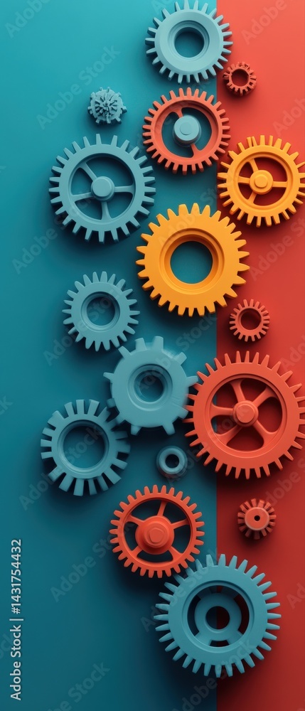 A vibrant arrangement of multi-colored gears, showcasing a playful yet mechanical design, against a contrasting background of teal and coral. A vibrant arrangement of multi-colored gears, showcasing a playful yet mechanical design, against a contrasting background of teal and coral.