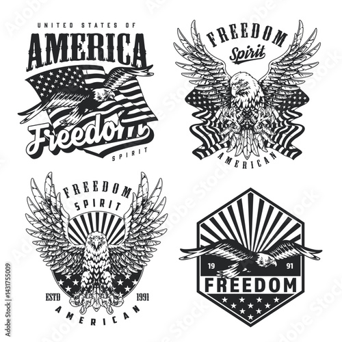 Freedom spirit designs featuring eagle and flag