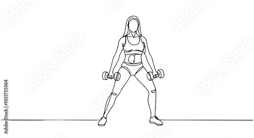 Outline of a woman lifting dumbbells in a strong pose in a minimalist style

