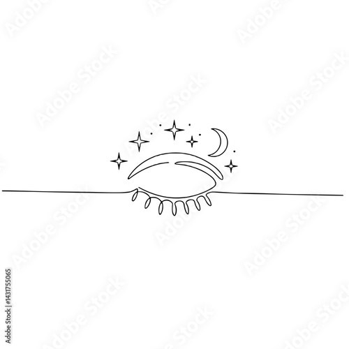 Outline of an eye with stars and a crescent moon in a minimalist style
