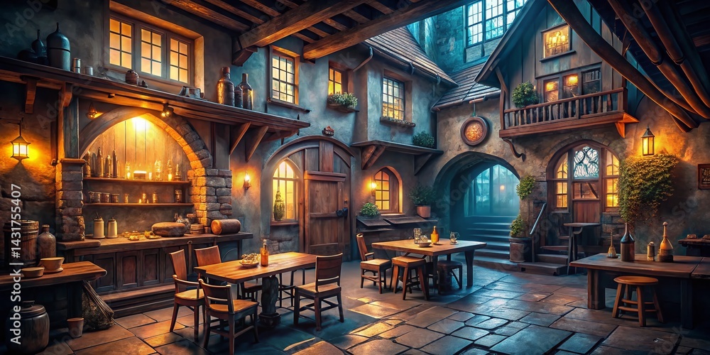 Obraz premium Minimalist 3D Render: Medieval Inn Tavern & Rooms - Urban Exploration Photography Style