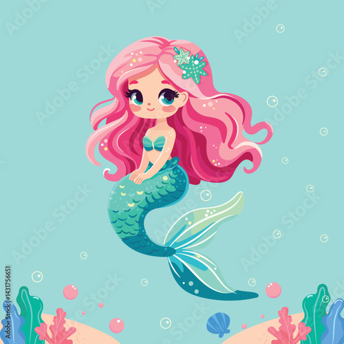 Illustration of a Beautiful mermaid girl with beautiful eyes in the sea on blue background. Vector Illustration. Flat style