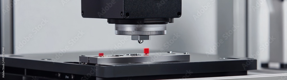 Precise measurement device examining a metal plate. Precise measurement device examining a metal plate.