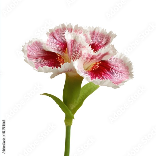 Delicate Pink and White Carnation Flower Single Bloom on Green Stem with Botanical Charm