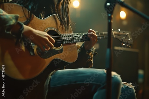 Woman playing acoustic guitar at live concert