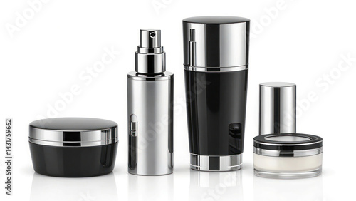Chrome black and silver cosmetic container set. High-end and sharp vector styling.
