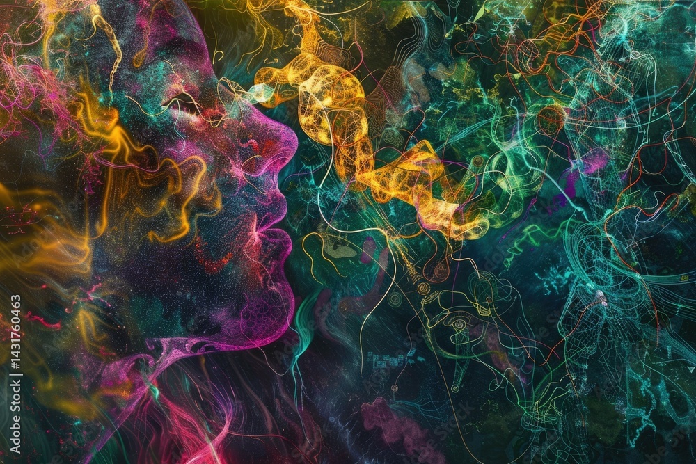 Fototapeta premium Abstract representation of human and AI minds merging; vibrant neural networks interweave with digital data streams, creating a colorful tapestry of shared consciousness and understanding. AIG60