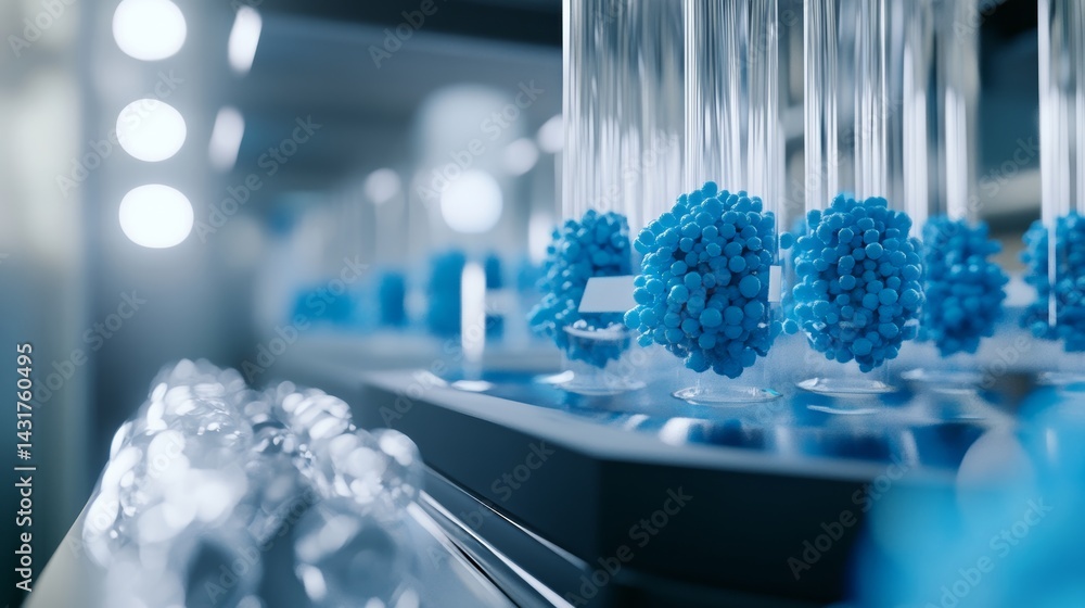 Close up of blue exosome particles in transparent spheres 3d visualization in biotechnology lab