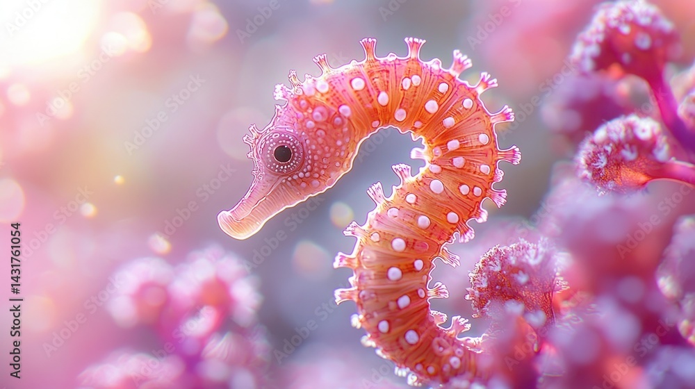 Fototapeta premium Delicate pink seahorse in coral