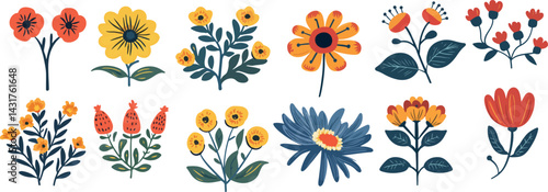 Set of hand-drawn folklore vector flowers