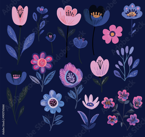 Set of hand-drawn folklore vector flowers