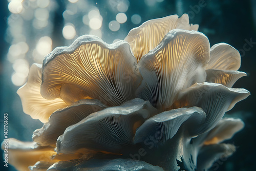 Close-up view of delicate, light beige mushroom radiating ethereal glow.