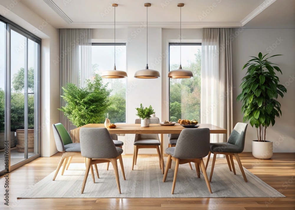Fototapeta premium Minimalist Dining Room Interior, Elegant Simple Design, Modern Furniture, Food Photography