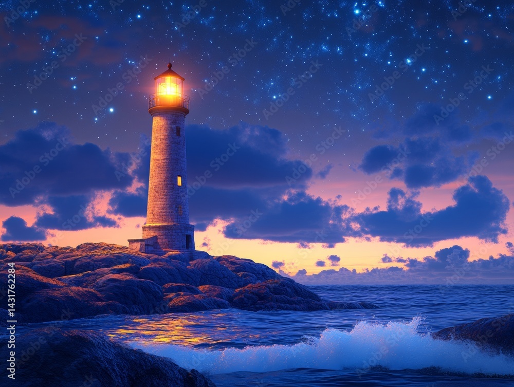 Beacon of Hope: Lighthouse Guiding Ships Under a Starry Night Sky, Coastal Scene with Waves Crashing on Rocky Shoreline, Illuminating the Darkness Beacon of Hope: Lighthouse Guiding Ships Under a Starry Night Sky, Coastal Scene with Waves Crashing on Rocky Shoreline, Illuminating the Darkness