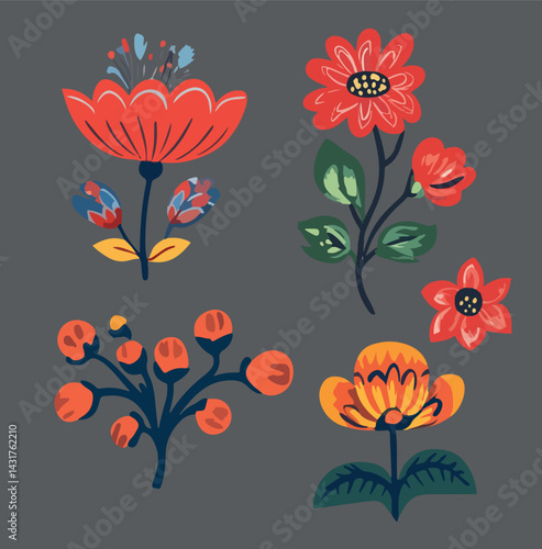 Set of hand-drawn folklore vector flowers