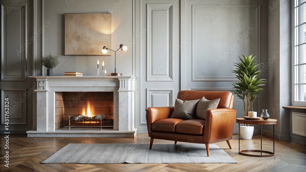 Fototapeta premium Minimalist Elegant Living Room: Leather Armchair, Fireplace, Sofa