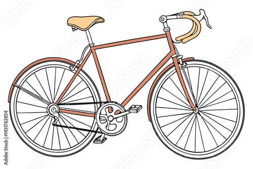 36 Vintage bicycle, orange frame, yellow leather seat, silver handlebars, thin tires, classic design, minimalist, retro style, urban commuter bike, single-speed, clean lines, simple elegance, muted co