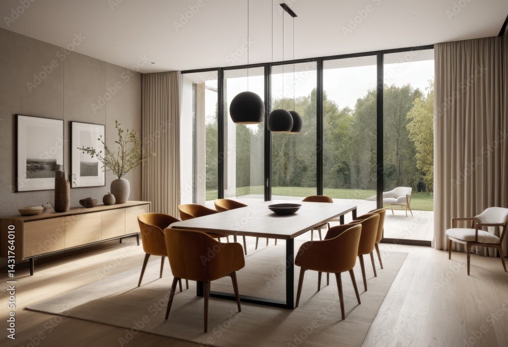 Fototapeta premium There is a dining room with a table and chairs inside