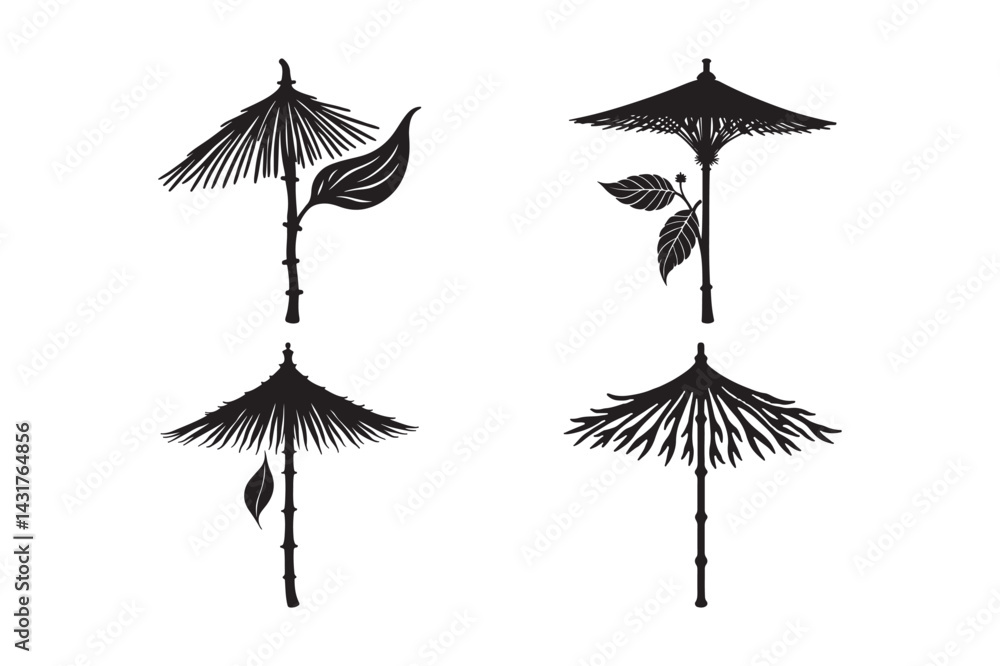 Obraz premium Boho Tribal Bamboo Umbrella Silhouettes with Leaves Vector Design Set