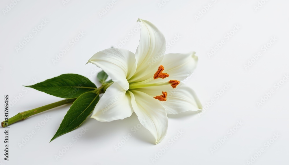 Fototapeta premium Elegant White Lily Blossom with Fresh Green Leaves on White Background