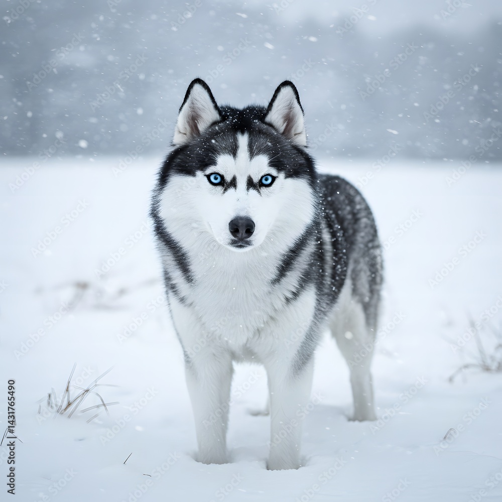 Realistic husky with blue eyes standing confidently Realistic husky with blue eyes standing confidently
