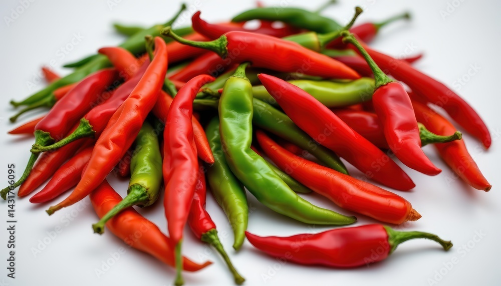 Fresh Red and Green Chili Peppers on a White Background Fresh Red and Green Chili Peppers on a White Background