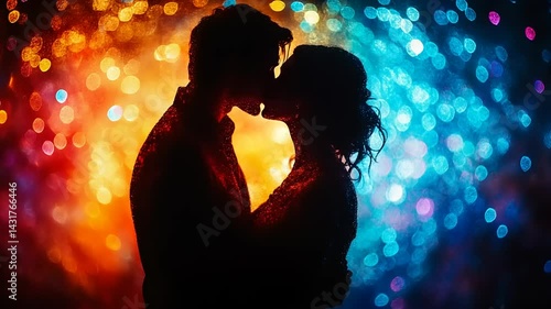 Romantic couple embrace in silhouette