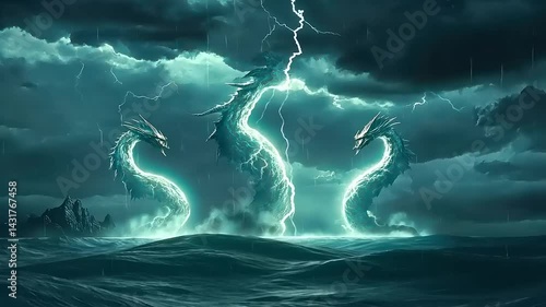 Three-Headed Aquatic Titan Emerging During a Lightning Storm Over Dark Ocean
