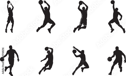 set of vector silhouettes of basketball with men
