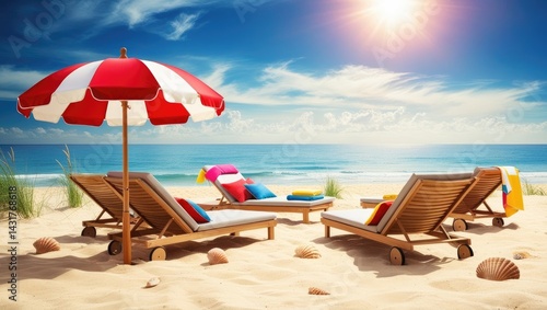 Fototapeta Naklejka Na Ścianę i Meble -  Colorful beach chairs in neat rows under a giant striped umbrella, golden sunset casting long shadows.
