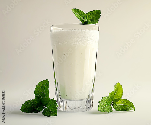 Glass of refreshing buttermilk or ayran with fresh mint leaves, representing a healthy and traditional beverage.