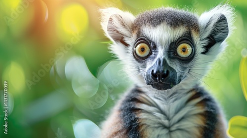 Advertising banner poster, very realistic cute smiling lemur catta, bright green colors, photorealism 