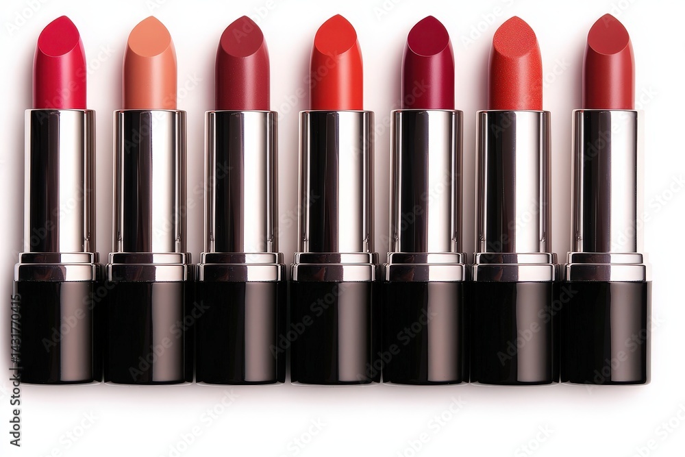 A vibrant collection of lipsticks in various shades, elegantly displayed in a row, showcasing rich colors and sleek packaging. A vibrant collection of lipsticks in various shades, elegantly displayed in a row, showcasing rich colors and sleek packaging.