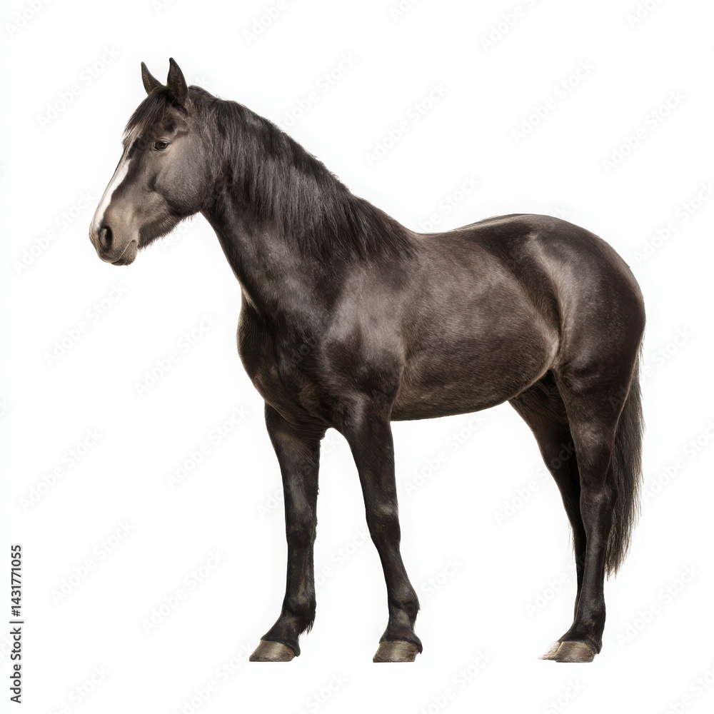 Fototapeta premium Dark horse standing sideways on white background